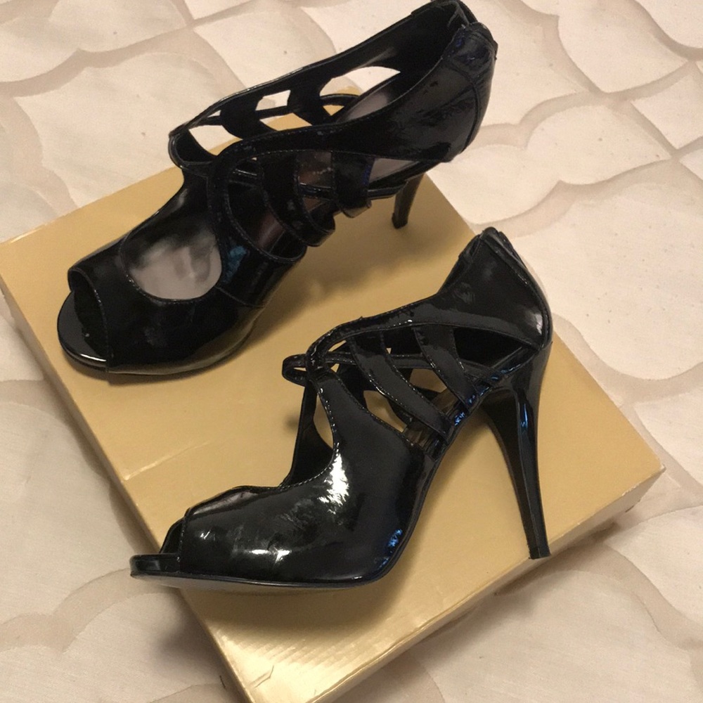Black Patent Leather Open Toe Heels
